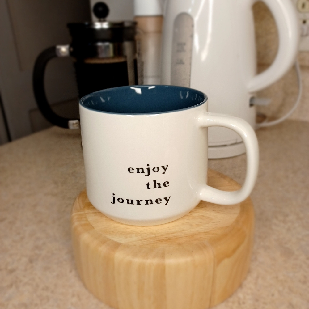"Enjoy the Journey" Ceramic Mug - White and Blue